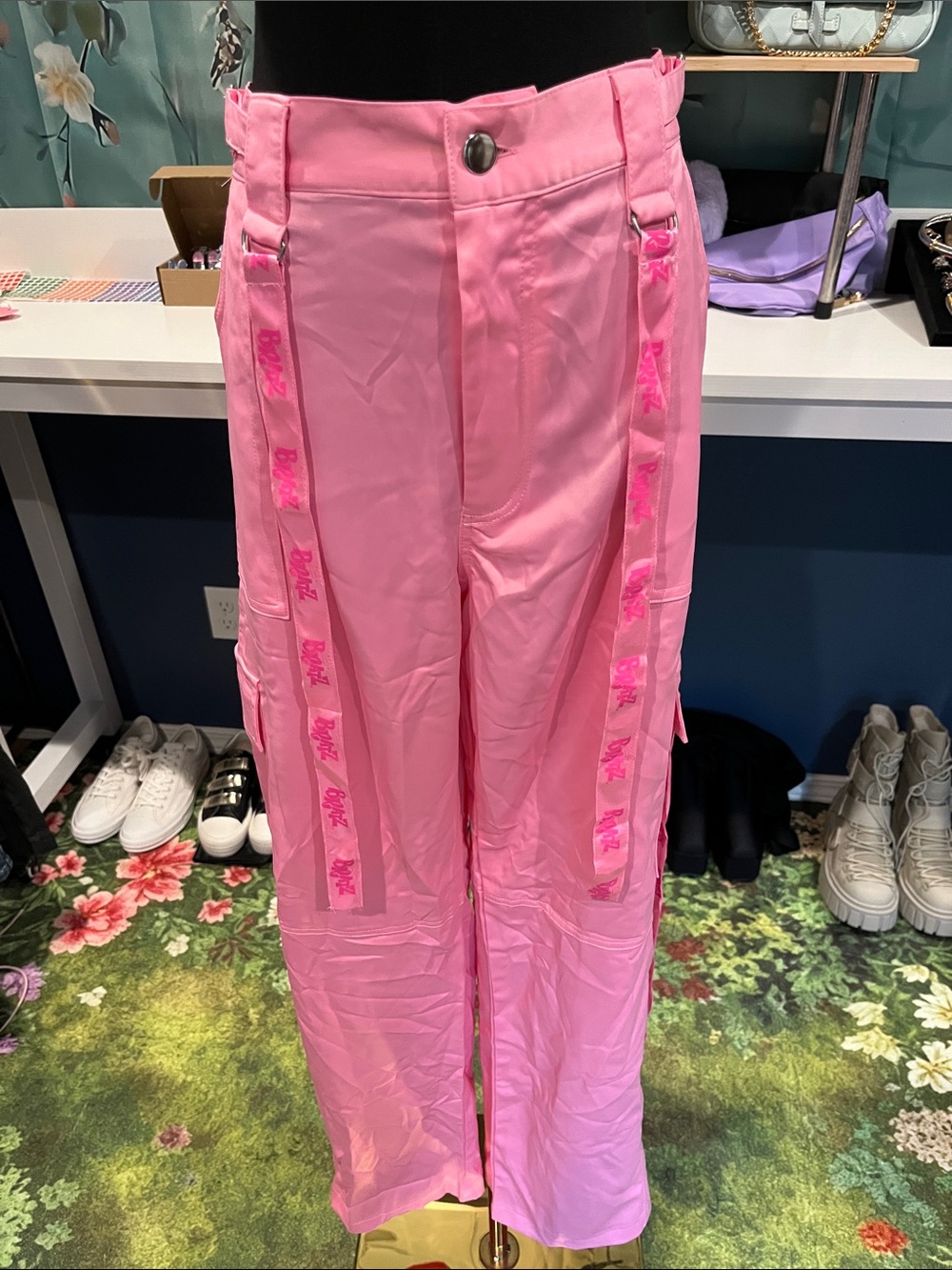 NWOT Dolls Kill & Bratz Super Rare Satin Pink Cargo Pants with Logo Tape